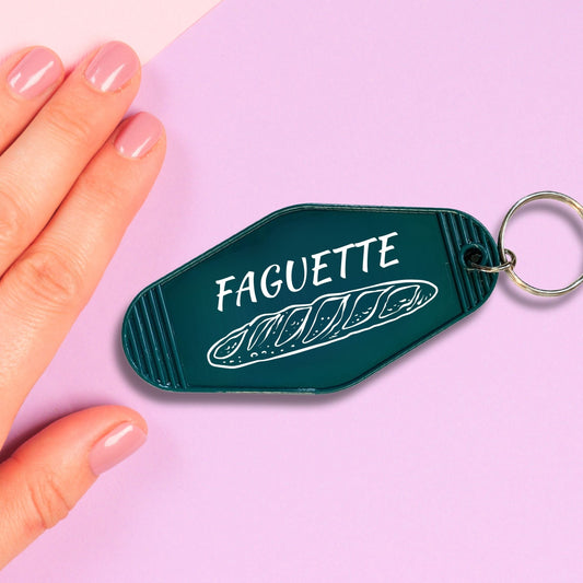 Faguette Gay Pride Motel Keychain with Baguette Bread Motif