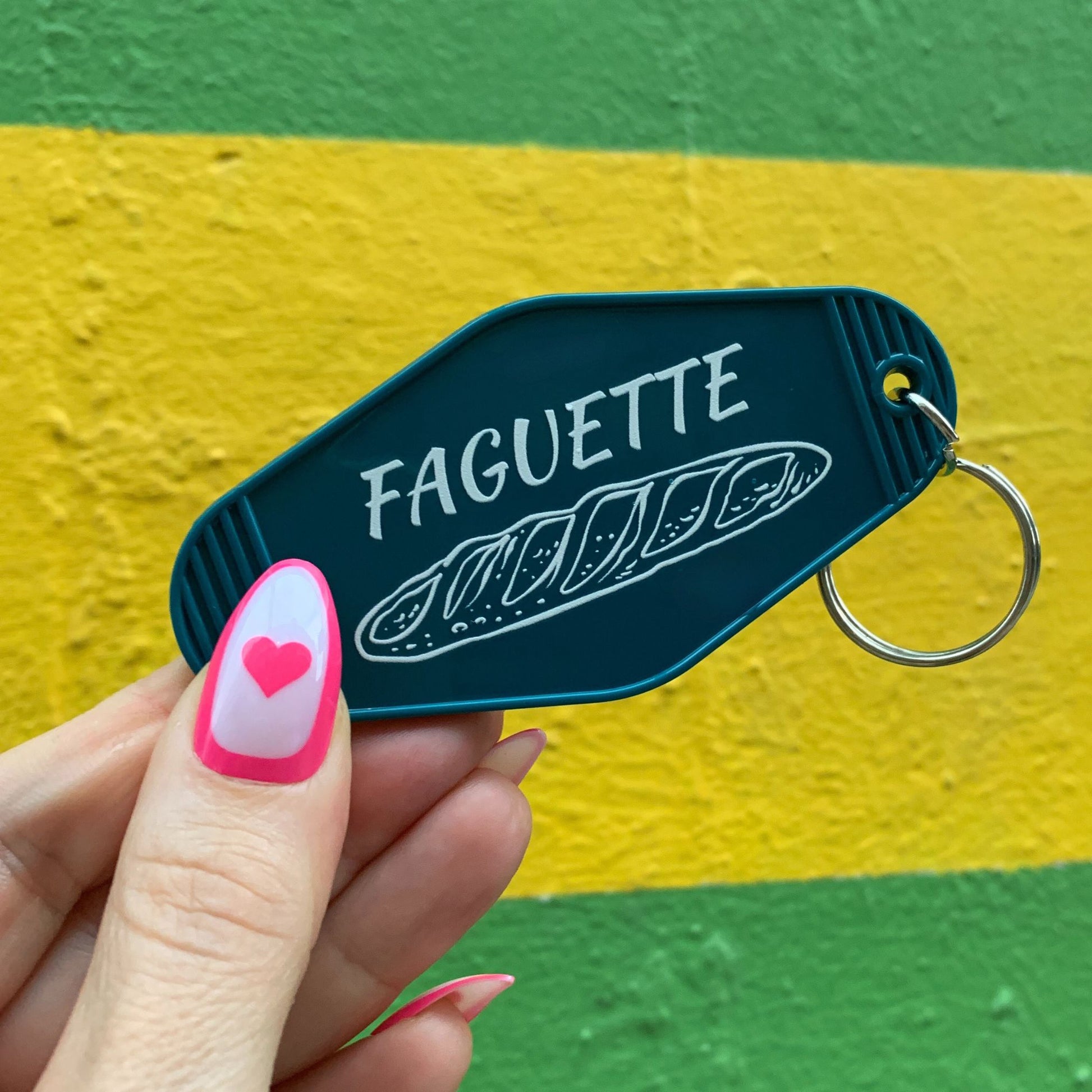 Faguette Gay Pride Motel Keychain with Baguette Bread Motif