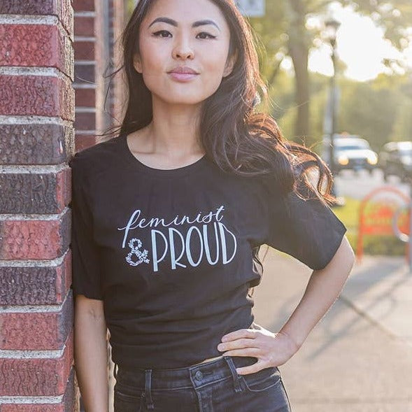 Fair Trade Feminist and Proud Tee Tapered Women's Cut in Black [SM-2X] Supersoft Organic Cotton