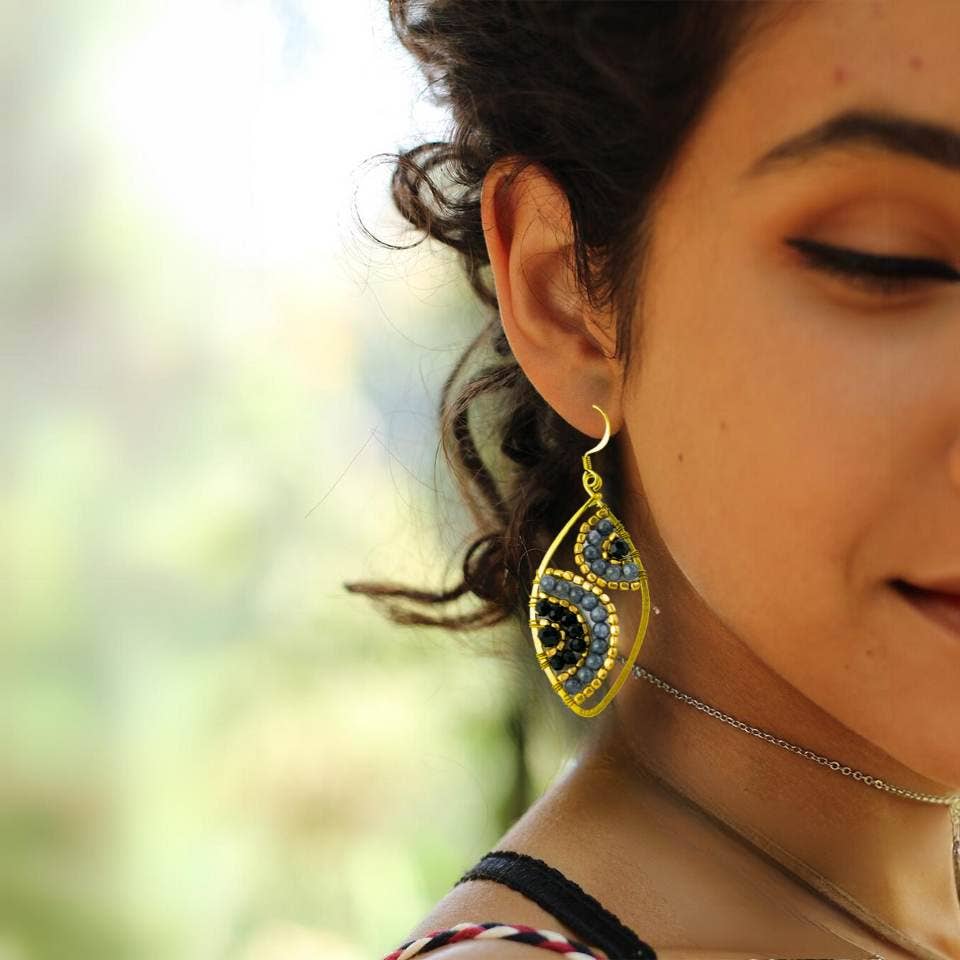 Fair Trade Handmade Saturn Stone Ethically Made Boho Earrings in Salt & Pepper | Handmade in Thailand