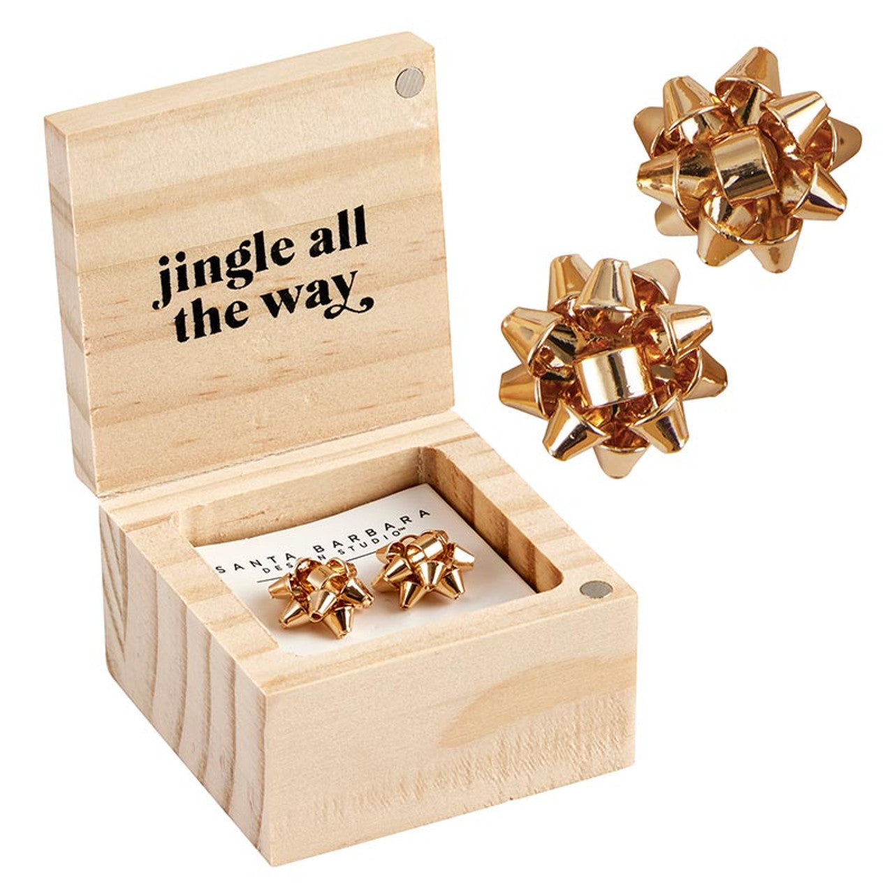 Falala Treasure Box Earrings Set | Gold Gift Bow Earrings in Wooden Gift Box