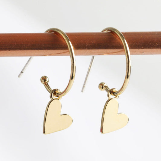 Falling Heart On Earring Hoop | Designed in the UK | 18K Gold Plated Brass