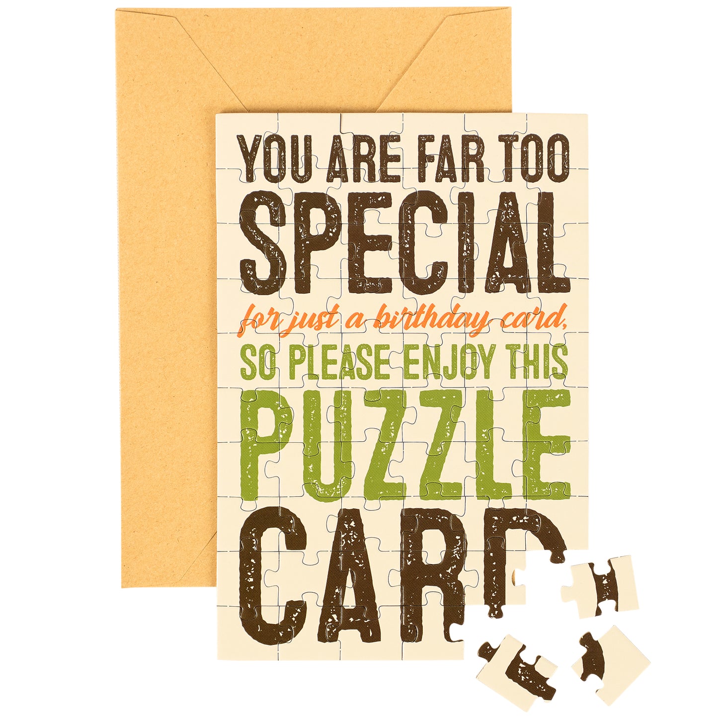 Birthday card with puzzle pieces and text 'You are far too special for just a birthday card. So please enjoy this puzzle card'.