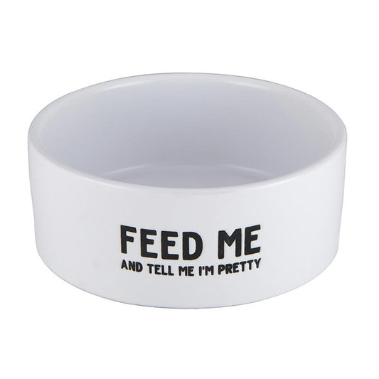 Feed Me And Tell Me I'm Pretty Pet Bowl in White | Circular Pet Water Food Dish Feeder