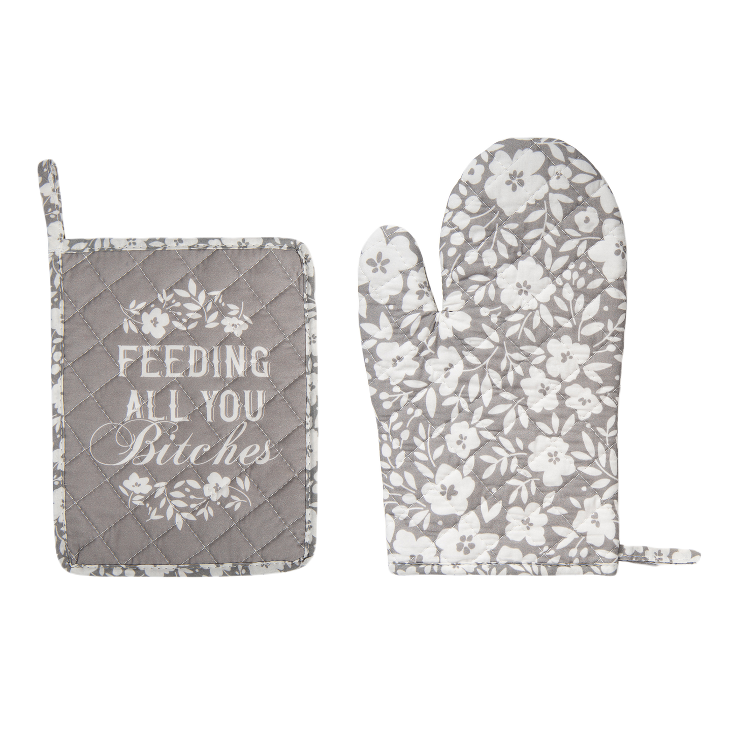 Feeding All You Bitches Pot Holder & Oven Mitt Set | Floral Oven Mitt Gloves Potholders