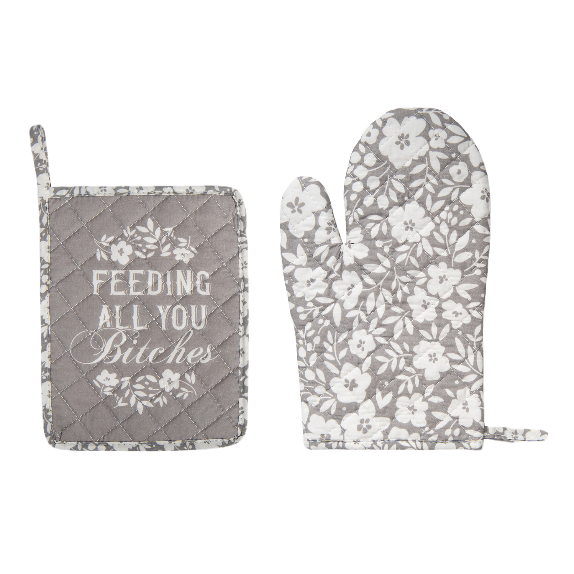 Feeding All You Bitches Pot Holder & Oven Mitt Set | Floral Oven Mitt Gloves Potholders