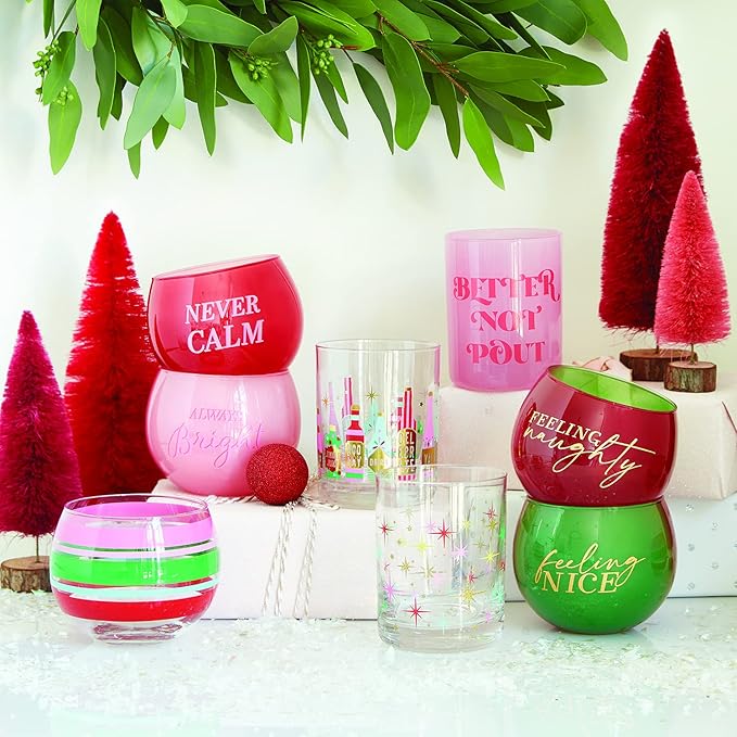 Feeling Naughty/Feeling Nice Roly Poly Glass in Tinted Red and Green | Holiday Drinkware 13oz