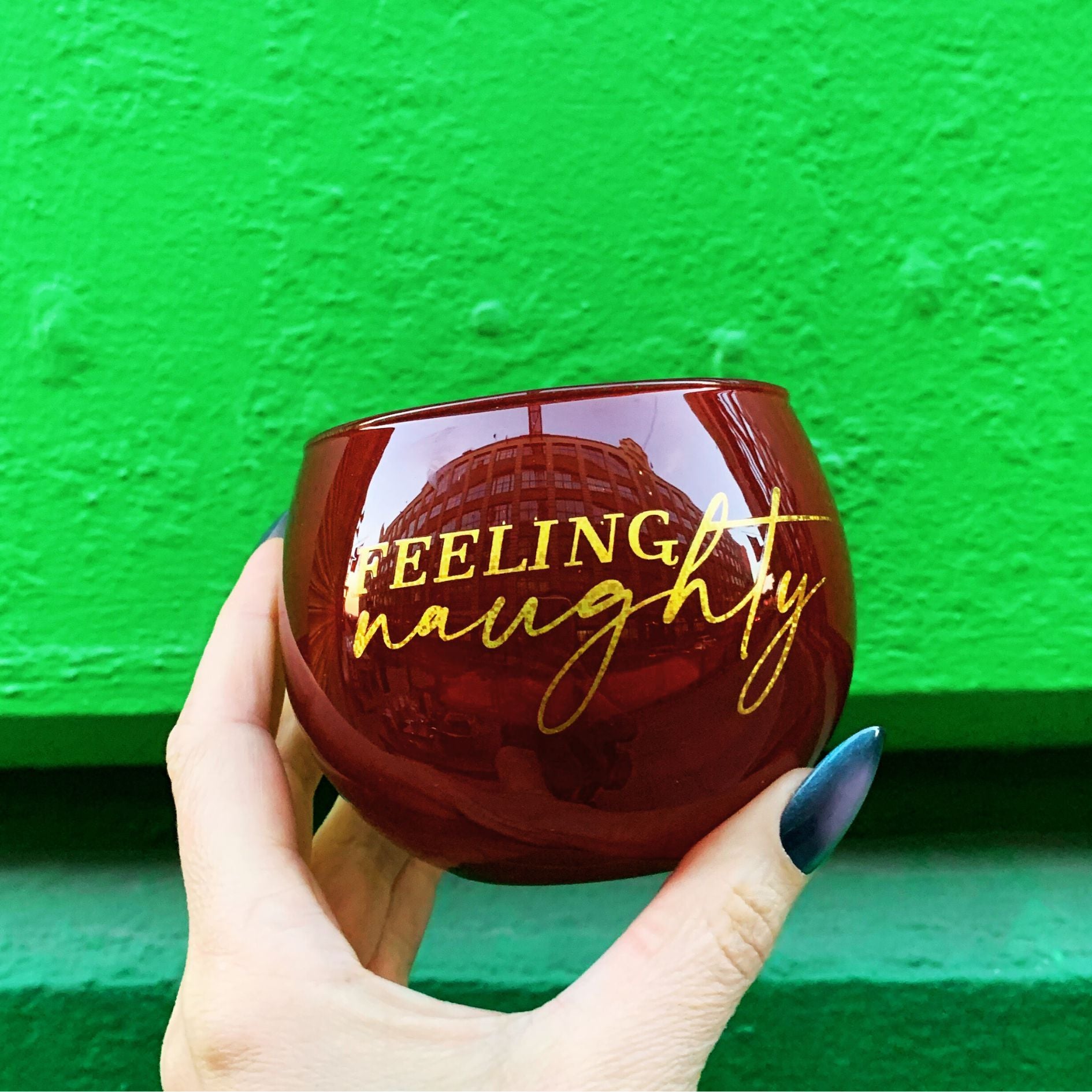 Feeling Naughty/Feeling Nice Roly Poly Glass in Tinted Red and Green | Holiday Drinkware 13oz