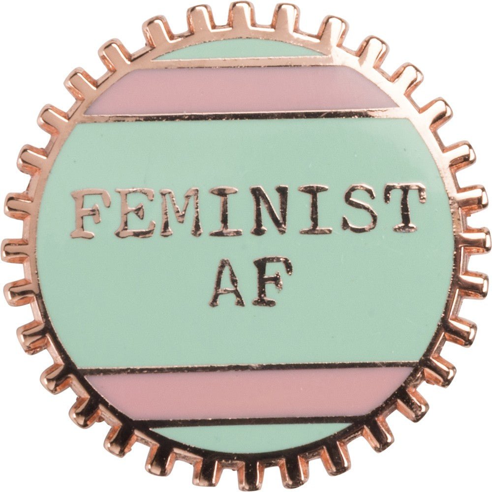 Feminist AF Pink and Green Stripes Enamel Pin on Gift Card
