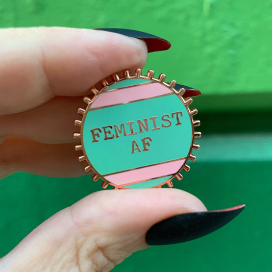 Feminist AF Pink and Green Stripes Enamel Pin on Gift Card