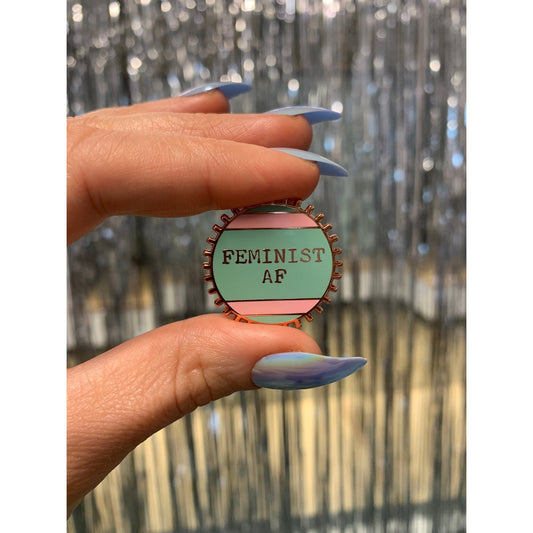 Feminist AF Pink and Green Stripes Enamel Pin on Gift Card
