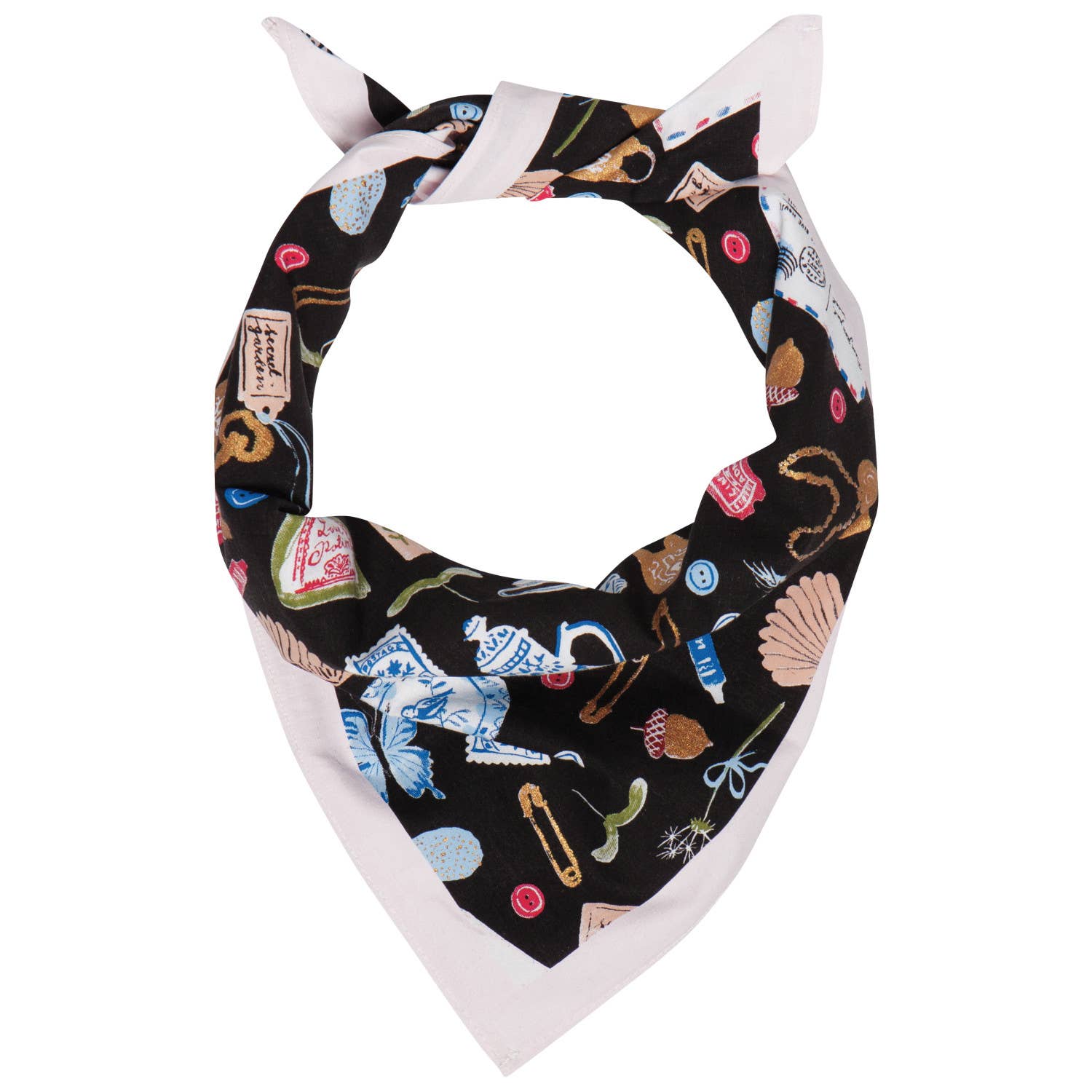 Black bandana with colorful vintage-style illustrations