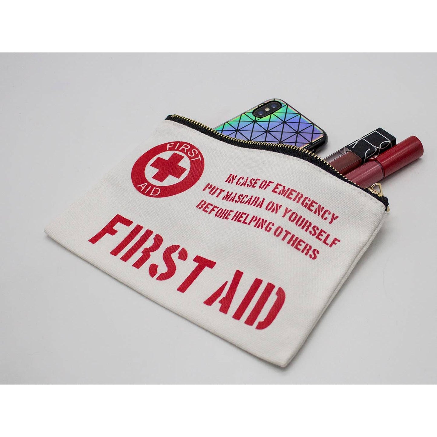 First Aid Makeup Bag | Cotton Canvas Travel Cosmetic Pouch | Small Zipper Toiletry Bag