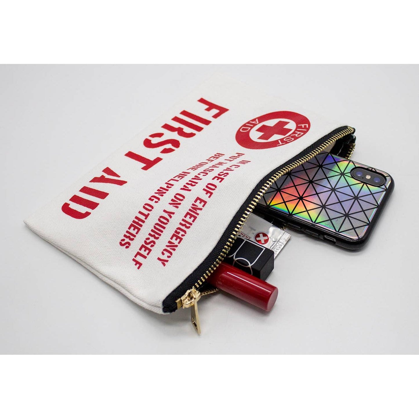 First Aid Makeup Bag | Cotton Canvas Travel Cosmetic Pouch | Small Zipper Toiletry Bag