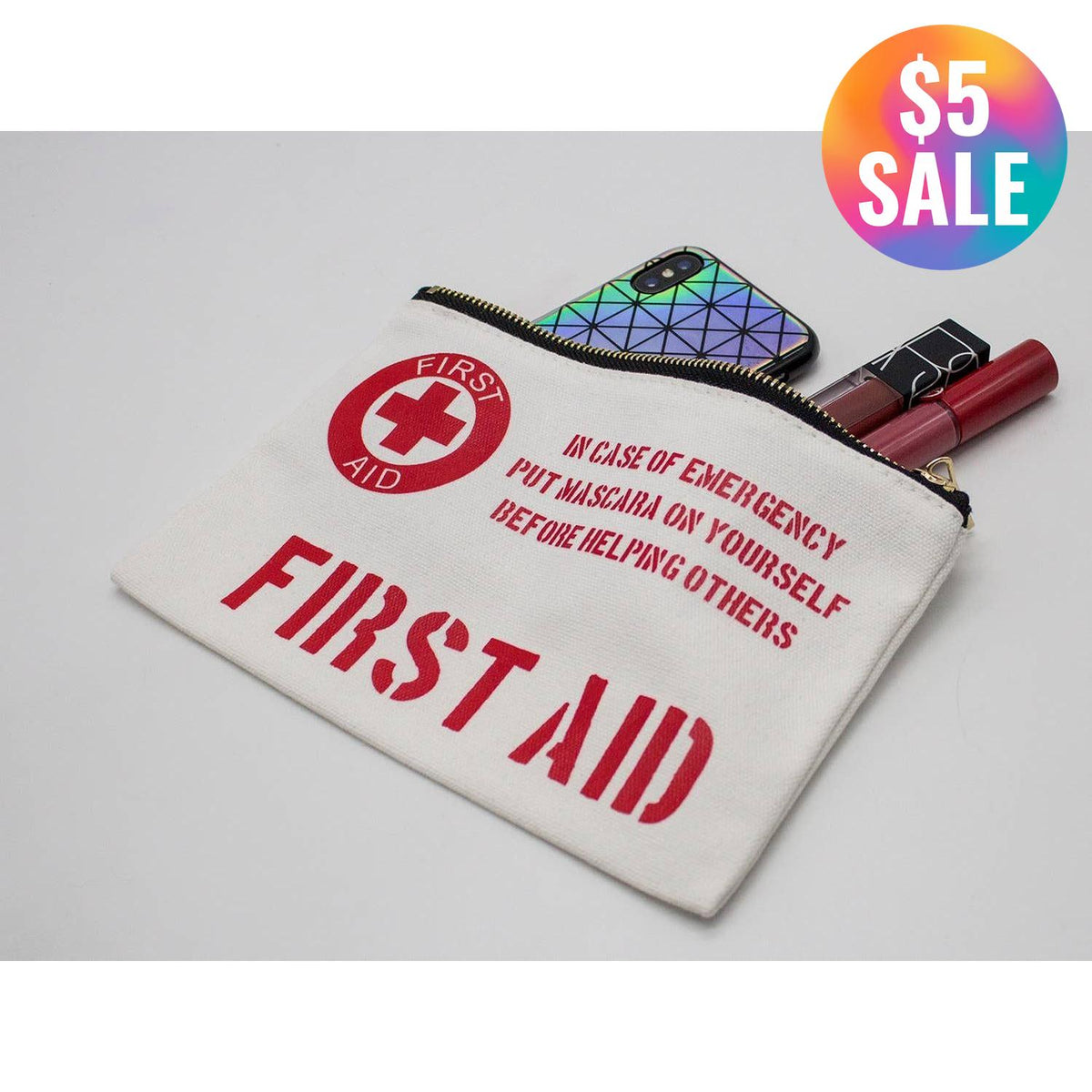 First Aid Makeup Bag | Cotton Canvas Travel Cosmetic Pouch | Small Zipper Toiletry Bag