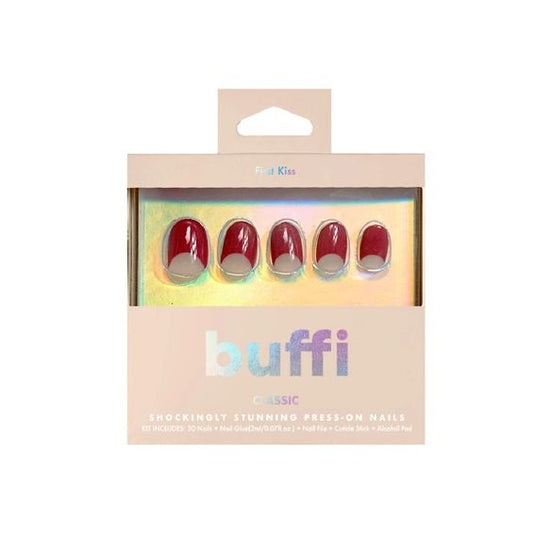First Kiss Buffi Press-On Nails | Crescent Moon Pop-On Nails in Red Hue and Natural Pink Tone