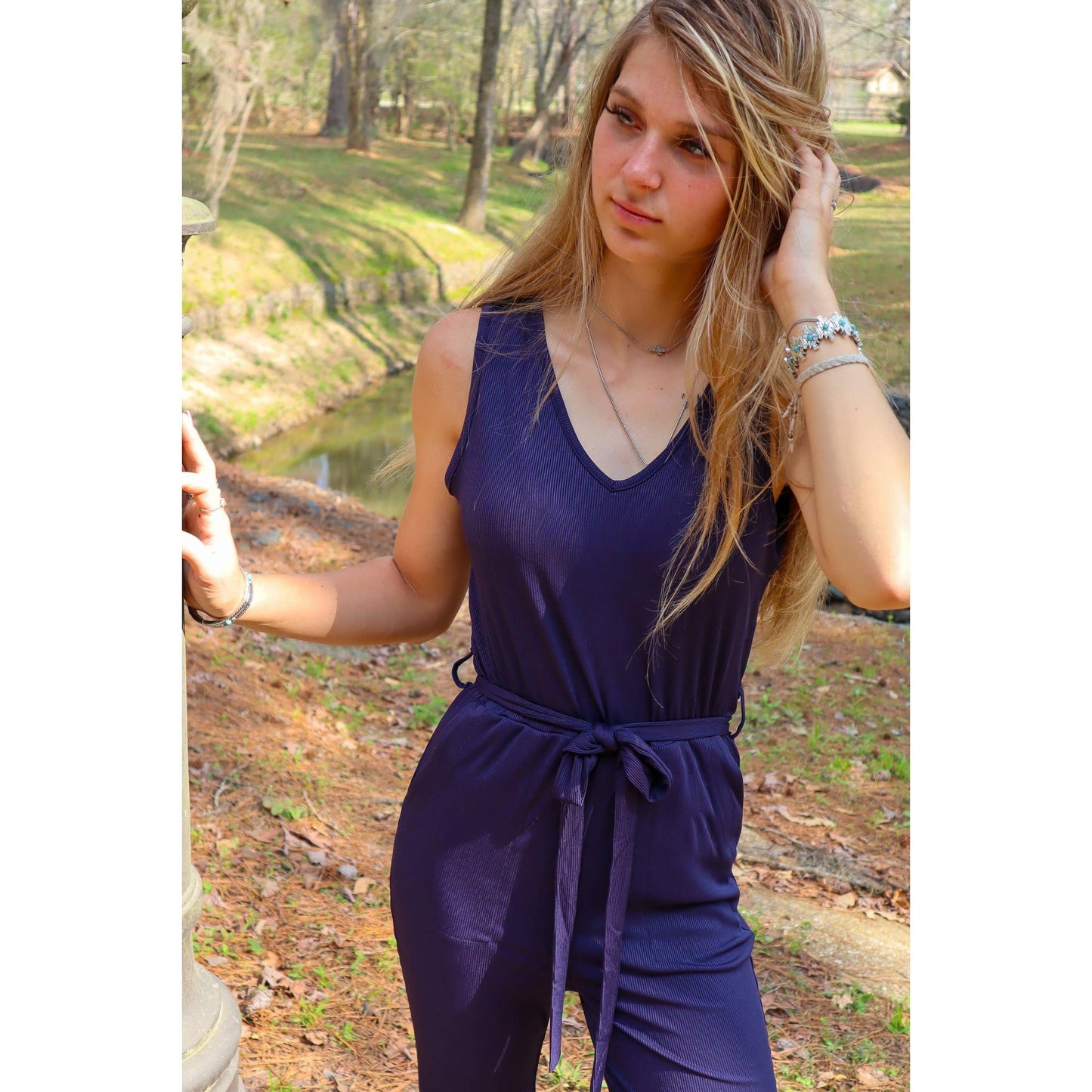 Jewel Flare Leg Ribbed Jumpsuit in Navy [SIZE L and XL REMAINING]