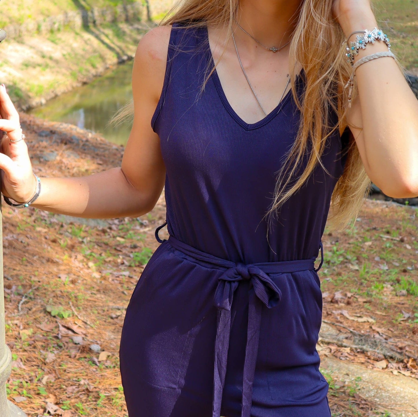 Jewel Flare Leg Ribbed Jumpsuit in Navy [SIZE L and XL REMAINING]