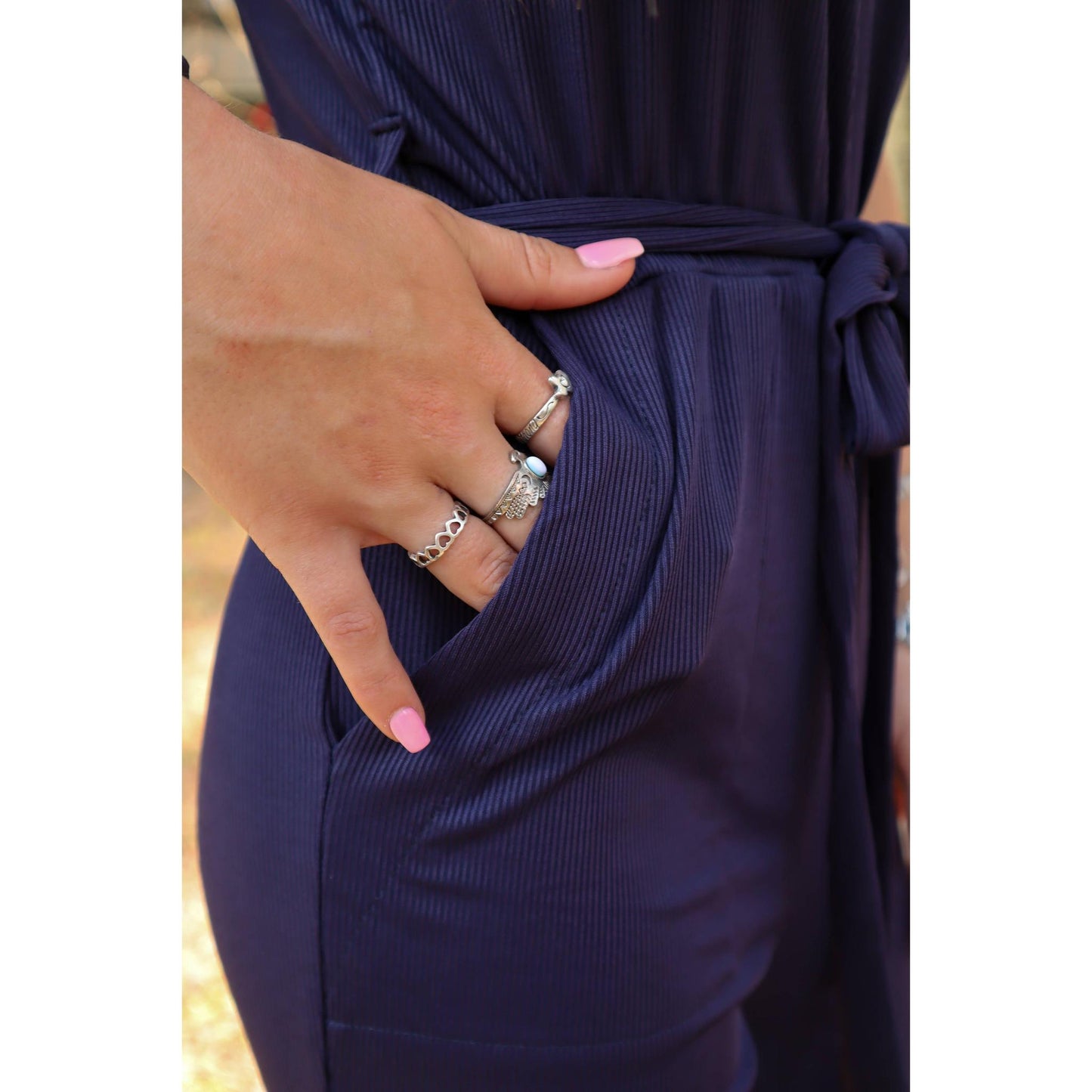 Jewel Flare Leg Ribbed Jumpsuit in Navy [SIZE L and XL REMAINING]
