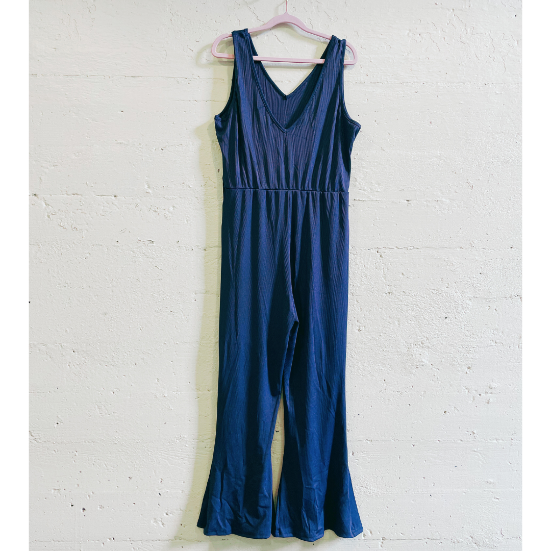 Jewel Flare Leg Ribbed Jumpsuit in Navy [SIZE L and XL REMAINING]