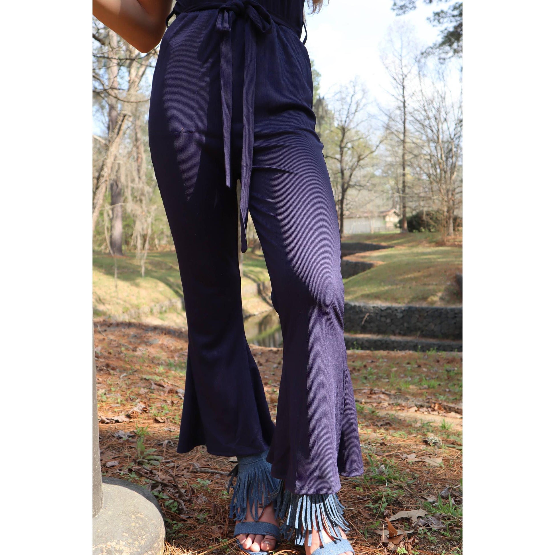 Jewel Flare Leg Ribbed Jumpsuit in Navy [SIZE L and XL REMAINING]