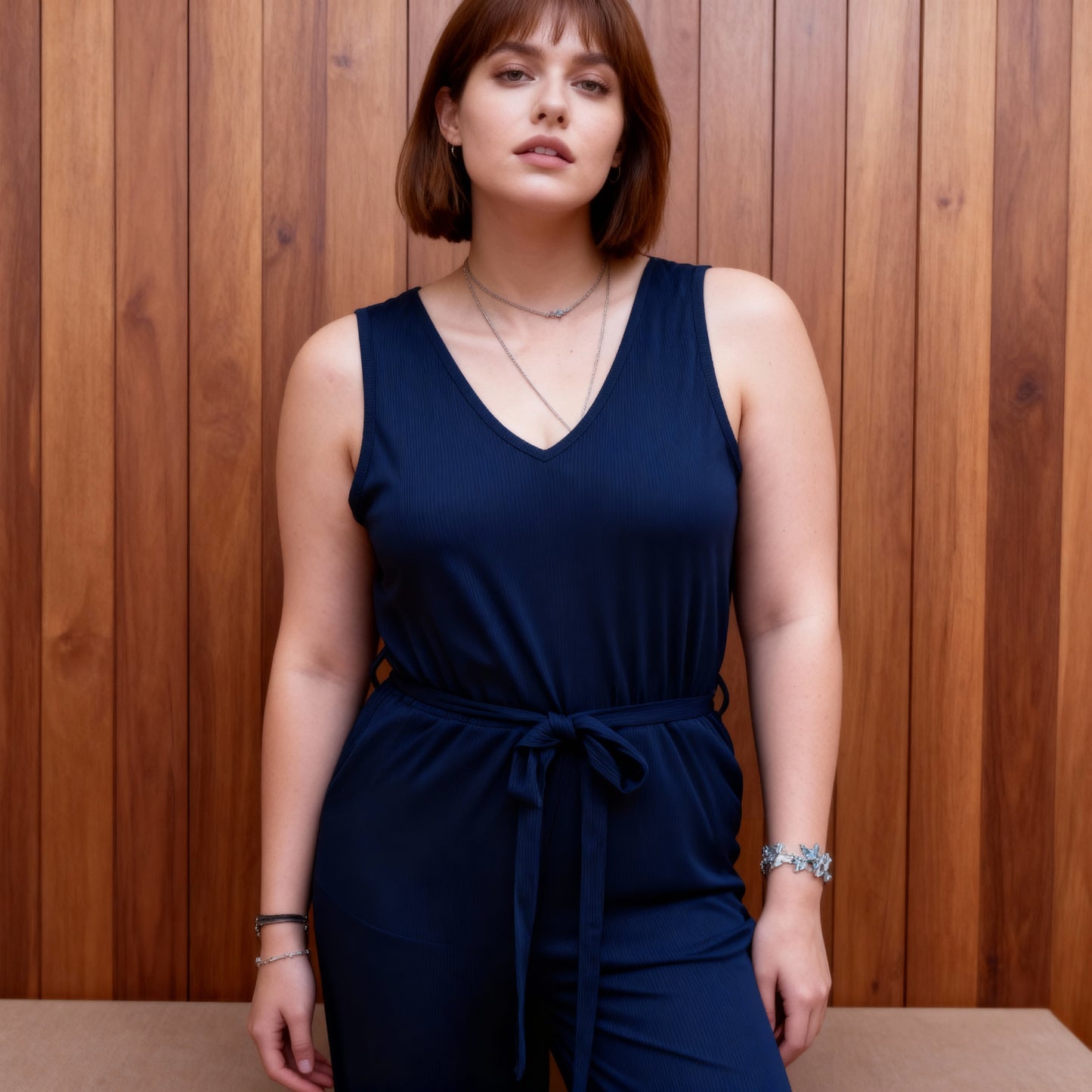 Flare Leg Ribbed Jumpsuit in Navy [SIZE L and XL REMAINING]