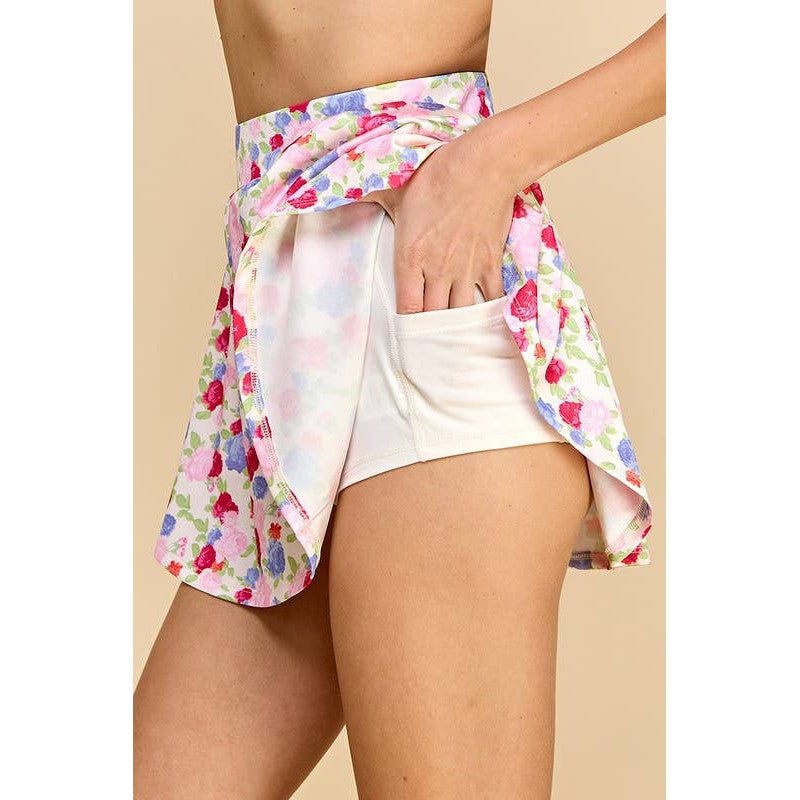 Floral Athletic Skirt with Built-in Undershorts | Pink & Blue Floral Print Skort [Sizes SM-M]