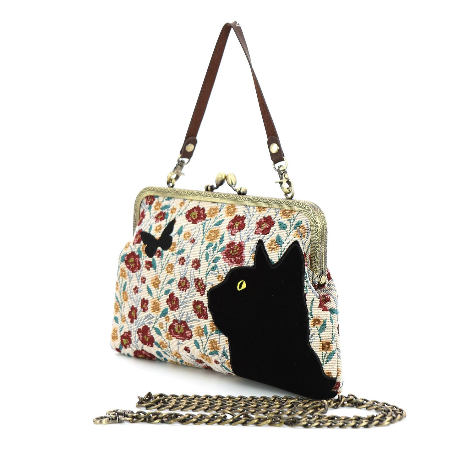 Floral Black Cat Kisslock Bag | Vintage Look Handbag Shoulder Bag