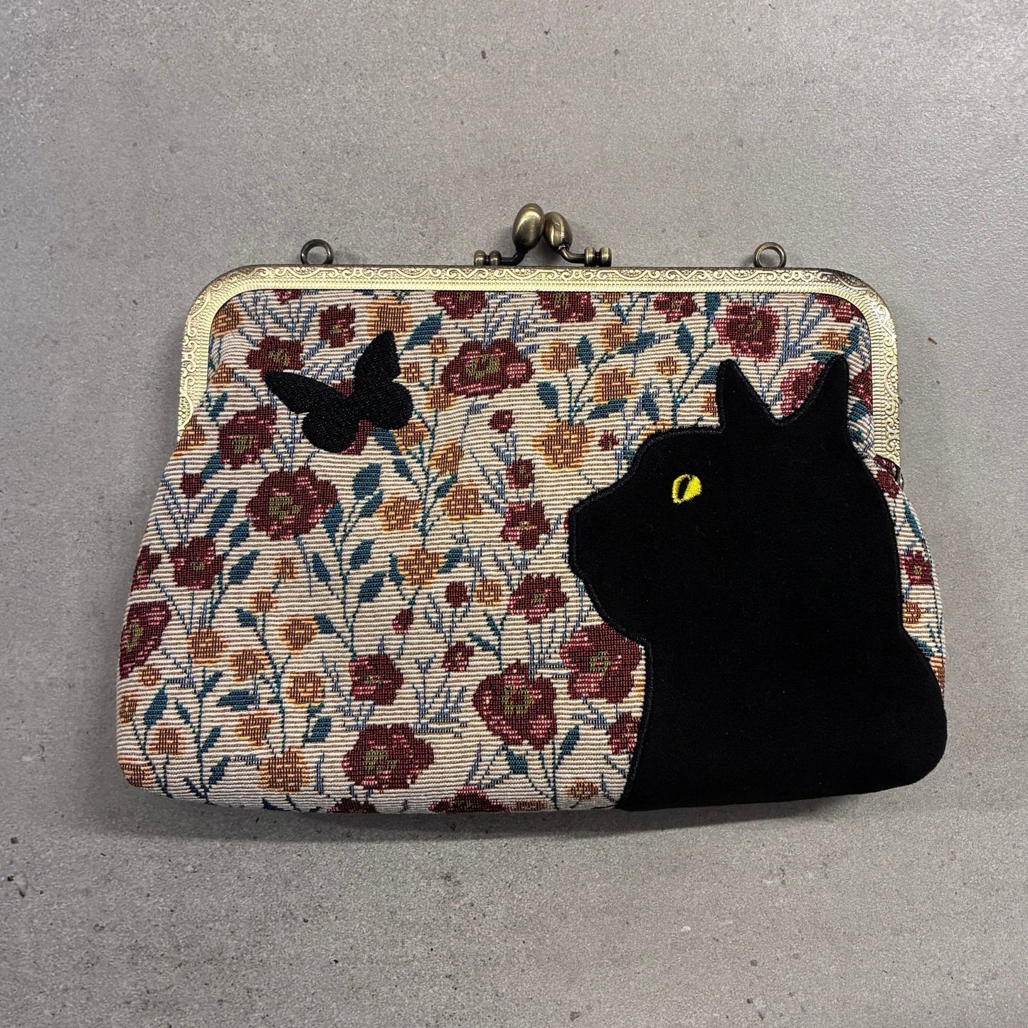 Floral Black Cat Kisslock Bag | Vintage Look Handbag Shoulder Bag