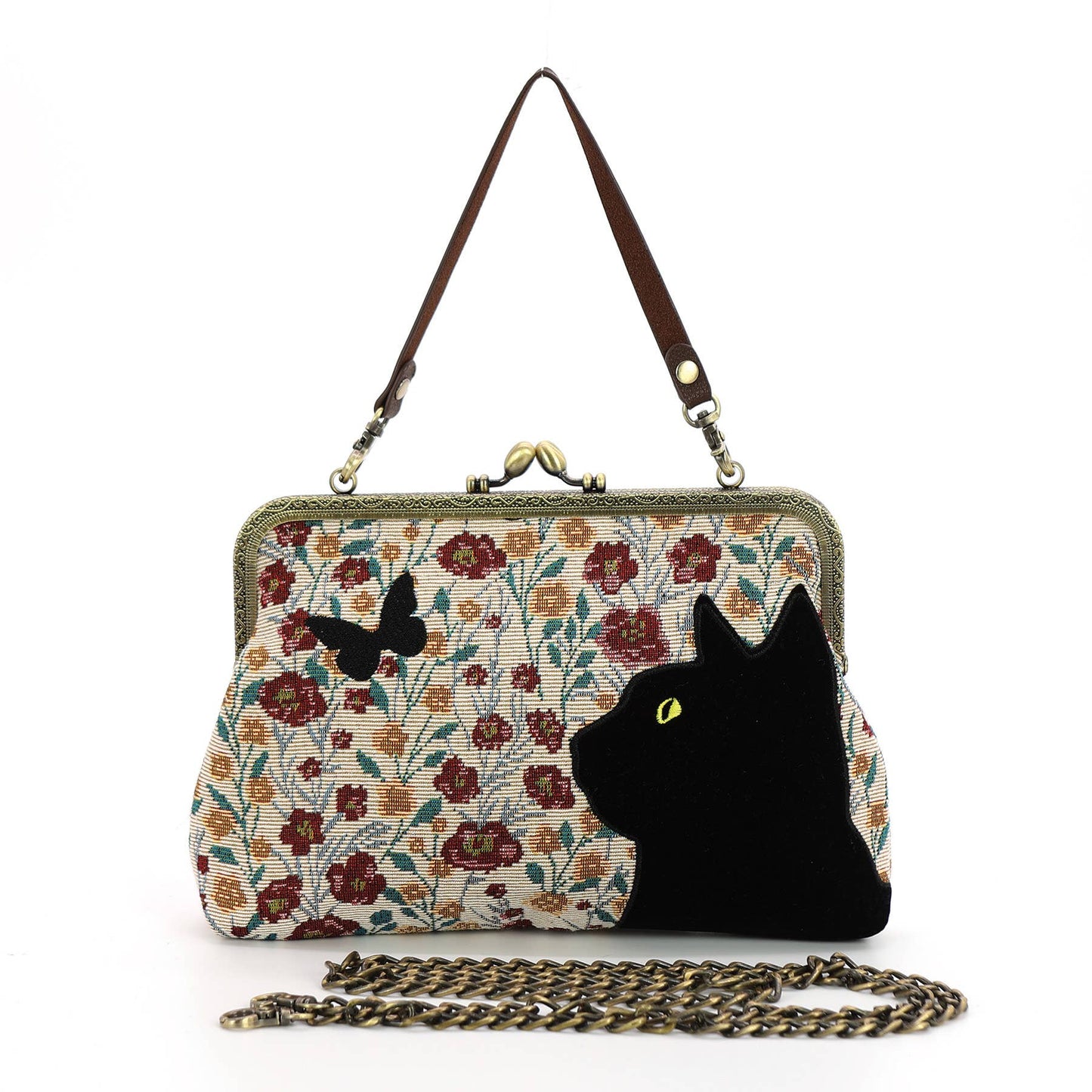 Floral Black Cat Kisslock Bag | Vintage Look Handbag Shoulder Bag