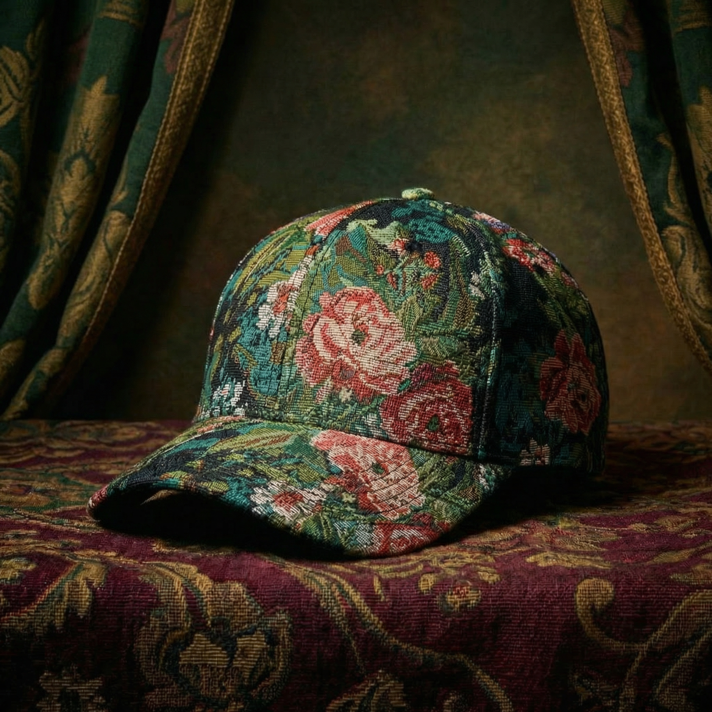 Floral Brocade 5 Panel Baseball Cap | Adjustable Structured Cap | One Size Fits Most