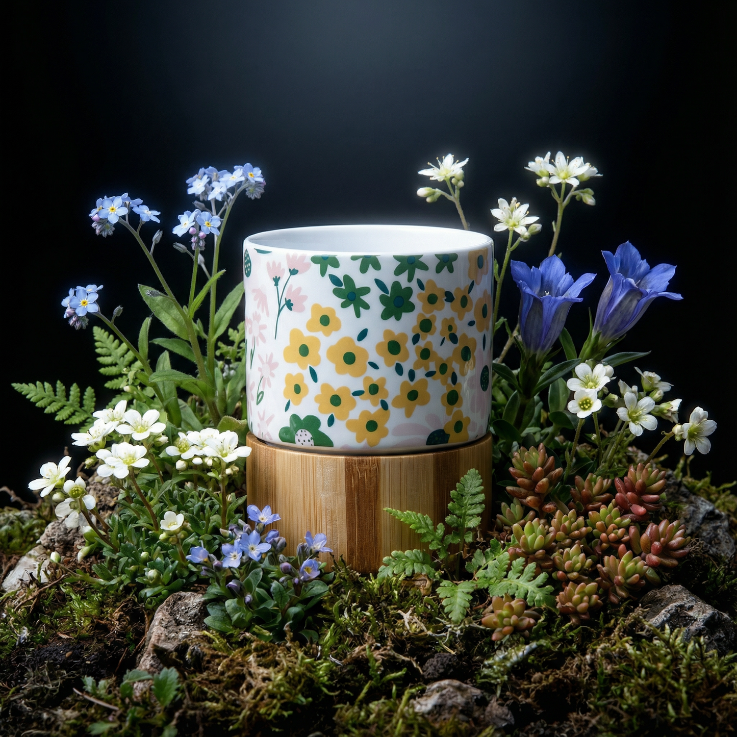 Floral Ceramic Mug with Bamboo Base