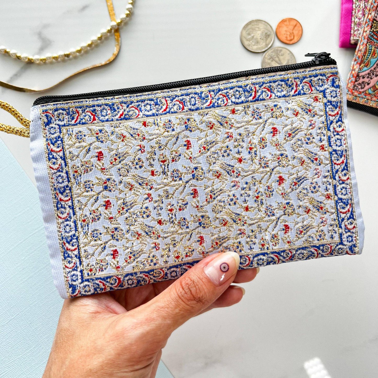 Floral Coin Purse Boho Fabric Pouch | Handmade in Turkey | 4" x 5"