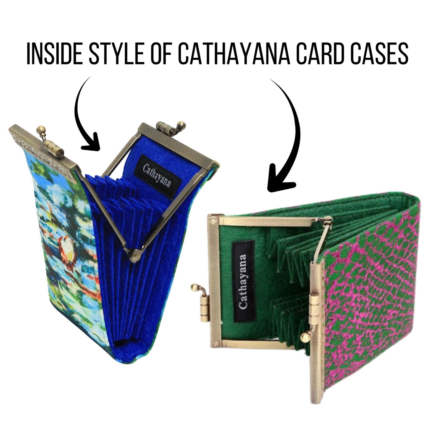 Two Cathayana card cases, one with a colorful design and the other with a green and pink pattern, on a white background.