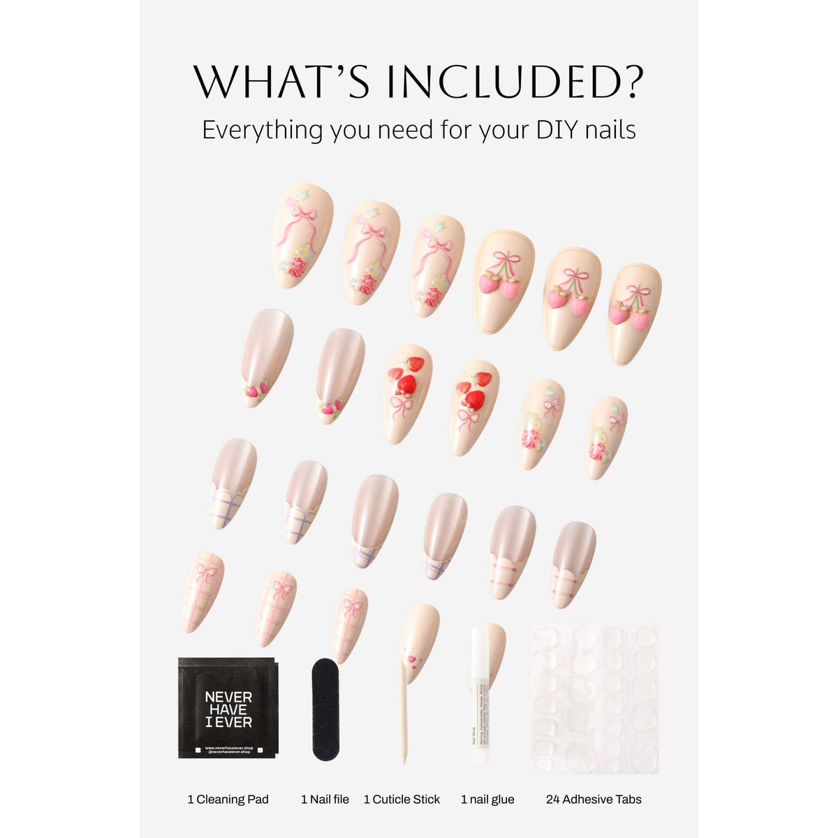 Floral Femme Almond Press-On Nails | Strawberry and Heart Motif-Never Have I Ever-The Bullish Store