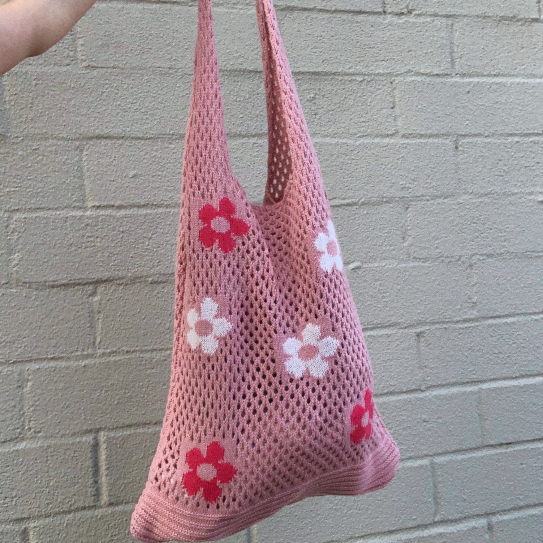 Floral Print Soft Knitted Tote Bag in Groovy Pink