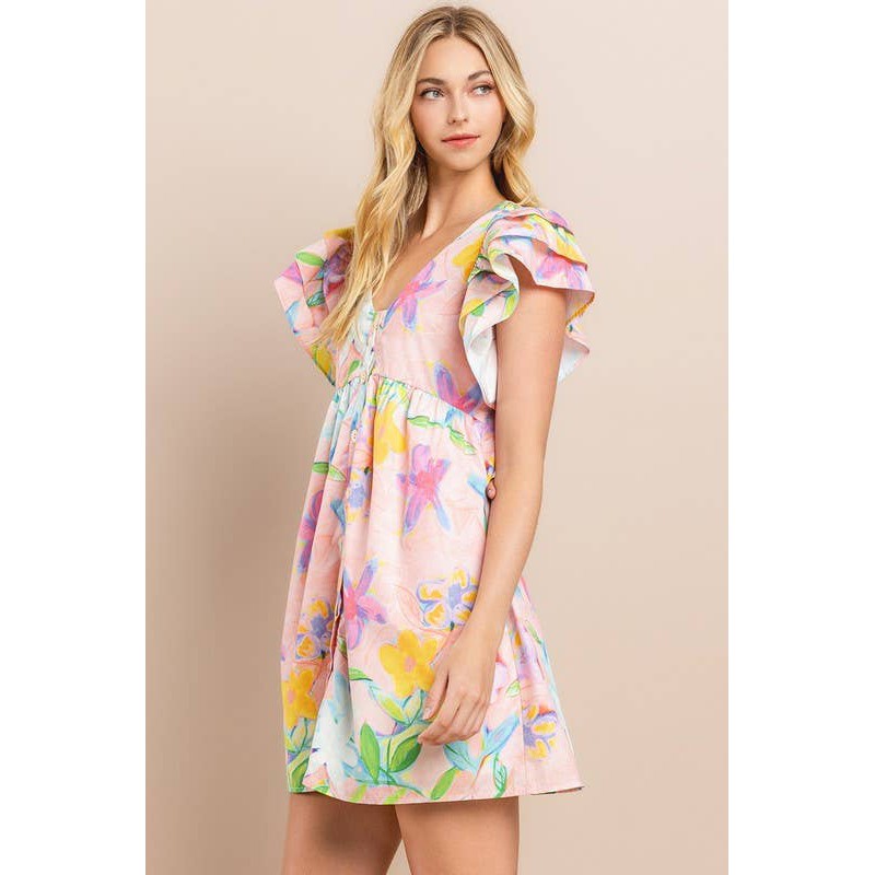 Floral Printed Dress in Blush | V Neckline Button Down Mini Dress