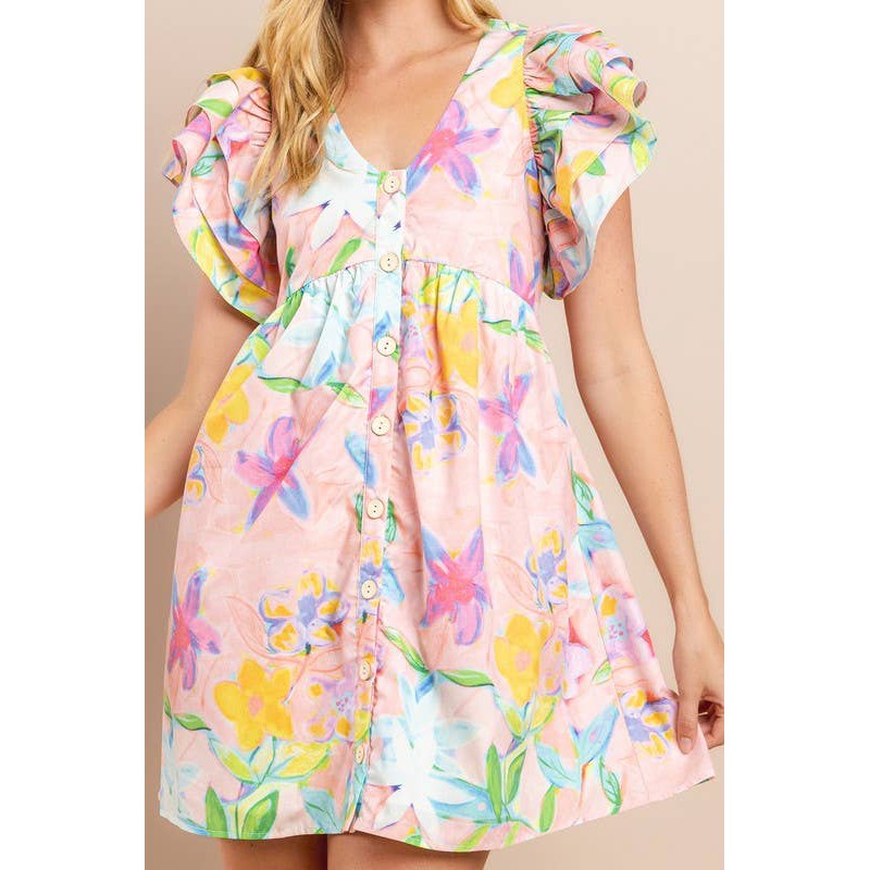 Floral Printed Dress in Blush | V Neckline Button Down Mini Dress