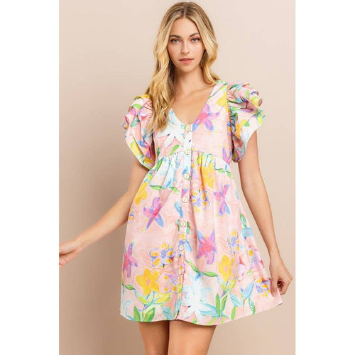 Floral Printed Dress in Blush | V Neckline Button Down Mini Dress