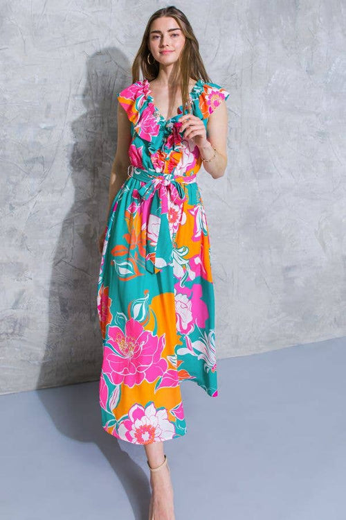 Floral Printed Woven Midi Dress in Teal Orange | Ruffled V Neckline Mid Calf [Sizes SM-L]