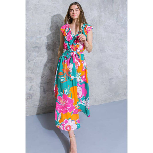 Floral Printed Woven Midi Dress in Teal Orange | Ruffled V Neckline Mid Calf [Sizes SM-L]