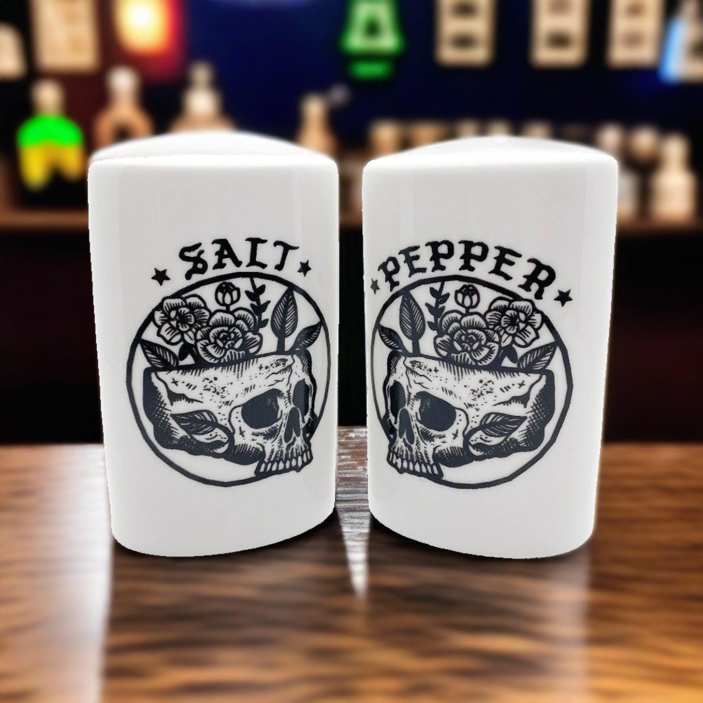 Floral Skull Salt and Pepper Shakers | Food-Safe Ceramic Seasoning Dispensers | Condiments Container