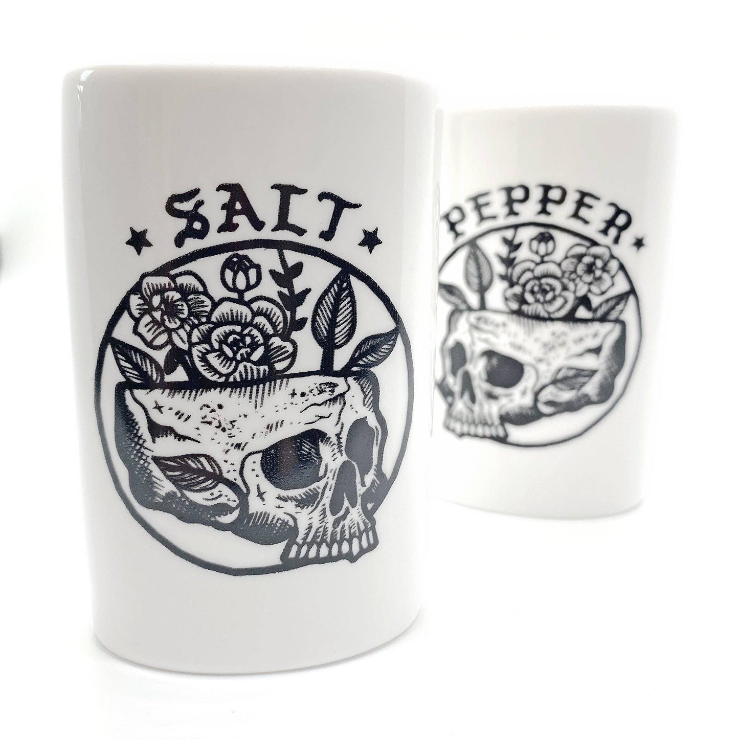 Floral Skull Salt and Pepper Shakers | Food-Safe Ceramic Seasoning Dispensers | Condiments Container