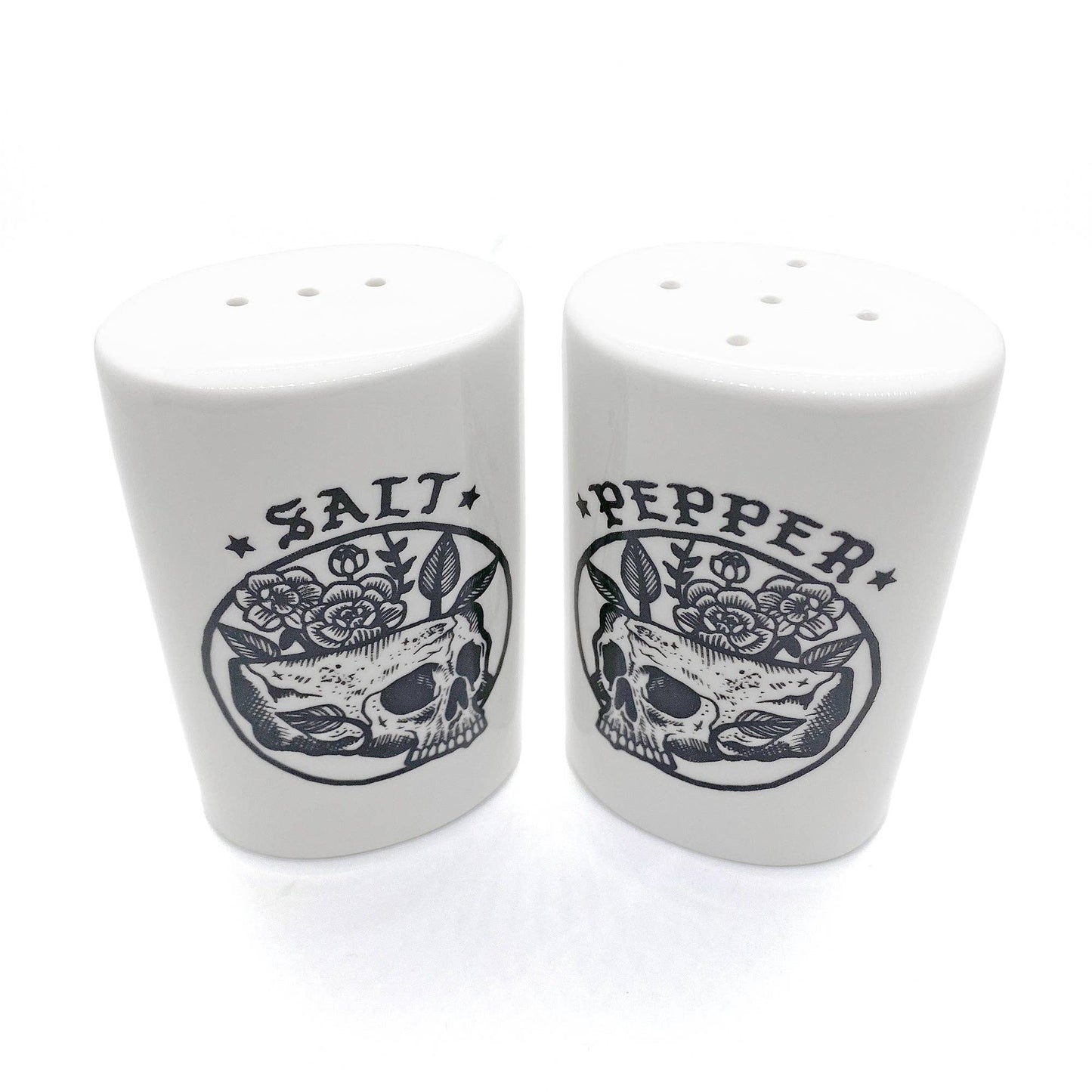 Floral Skull Salt and Pepper Shakers | Food-Safe Ceramic Seasoning Dispensers | Condiments Container