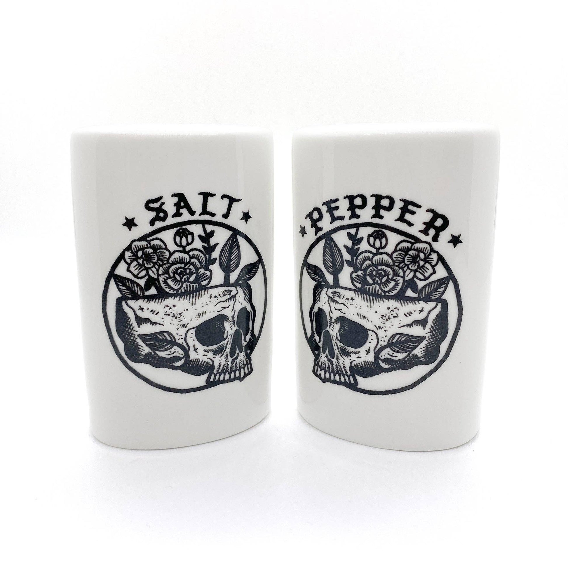 Floral Skull Salt and Pepper Shakers | Food-Safe Ceramic Seasoning Dispensers | Condiments Container
