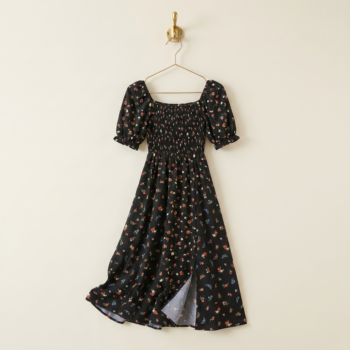 Floral Smocked Midi Dress | Black, Pink & Yellow Puff Sleeve Dress | Square Neck Smocked Dress