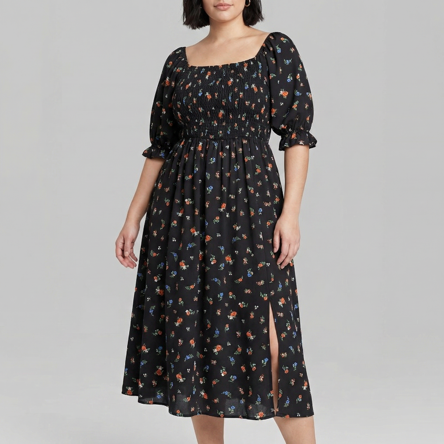 Floral Smocked Midi Dress | Black, Pink & Yellow Puff Sleeve Dress | Square Neck Smocked Dress