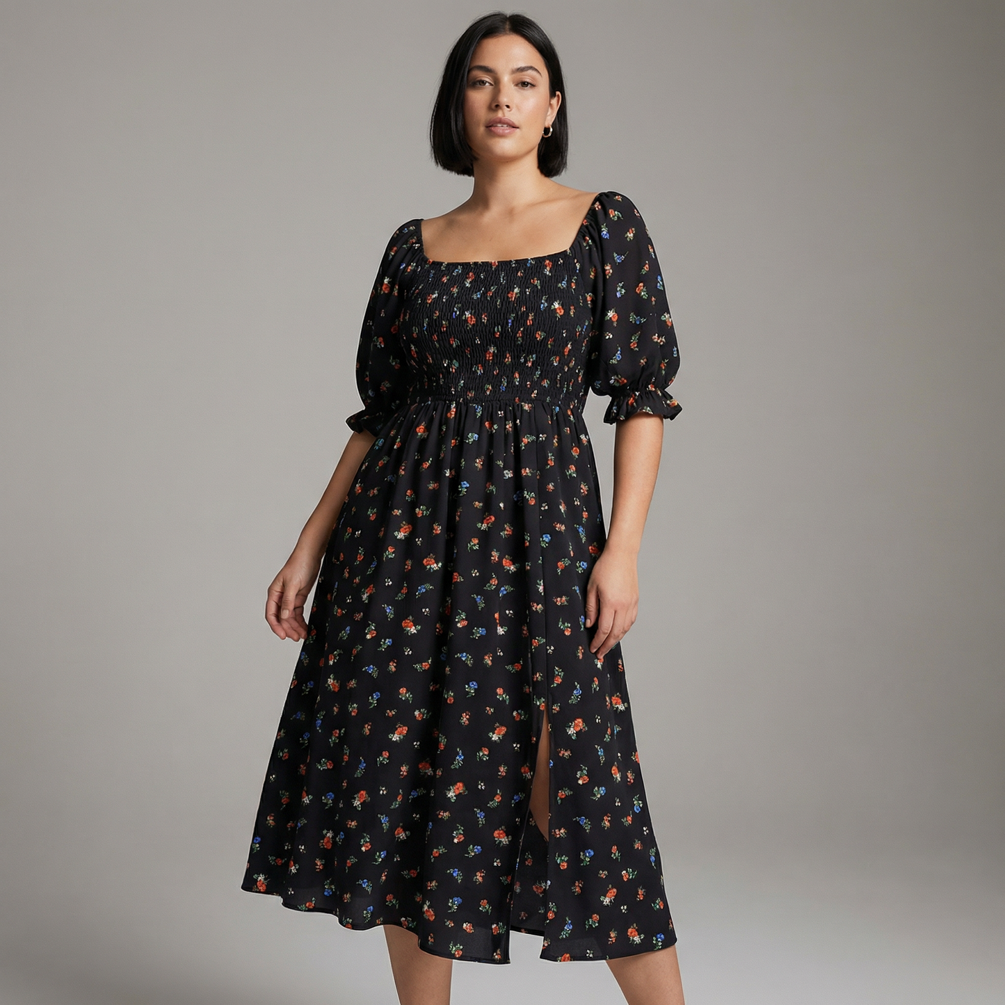 Floral Smocked Midi Dress | Black, Pink & Yellow Puff Sleeve Dress | Square Neck Smocked Dress