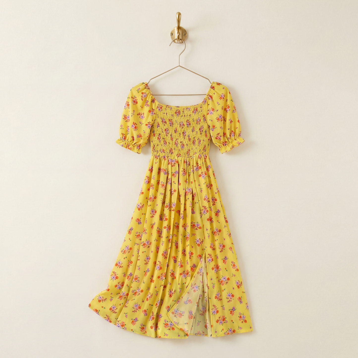 Floral Smocked Midi Dress | Black, Pink & Yellow Puff Sleeve Dress | Square Neck Smocked Dress