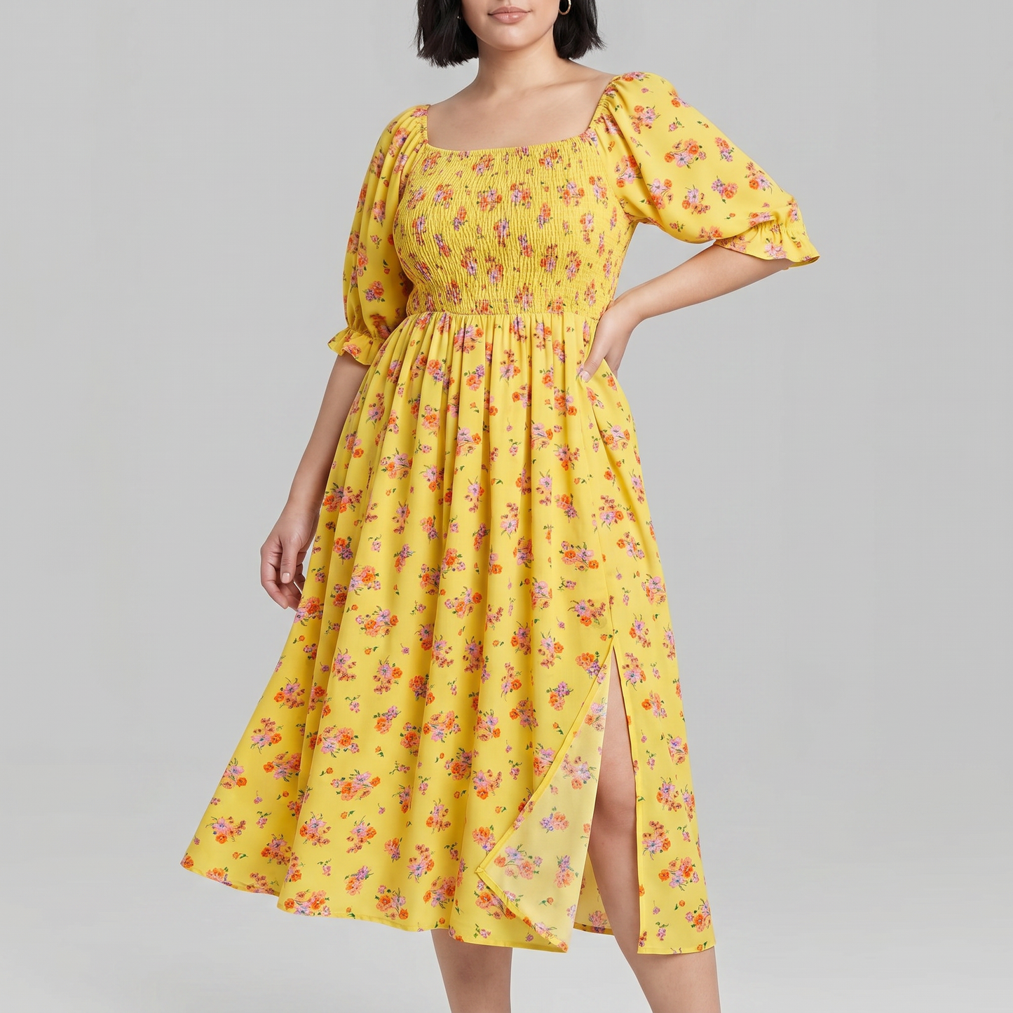Floral Smocked Midi Dress | Black, Pink & Yellow Puff Sleeve Dress | Square Neck Smocked Dress